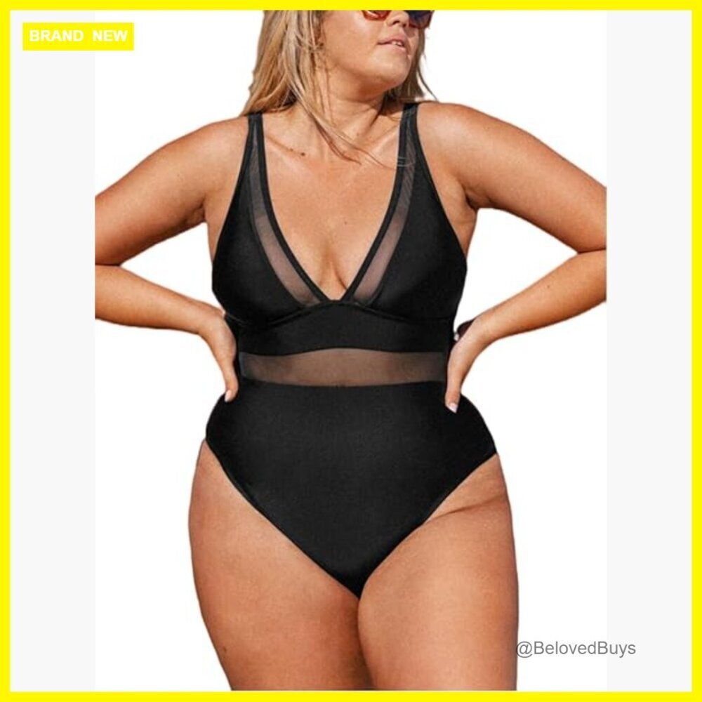 Plus Size One Piece Swimsuit V Neck Mesh Tummy Control Adjustable Straps